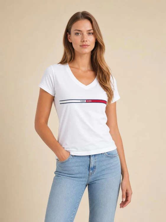 Koszulka Damska Tommy Jeans Biała Dekolt V front