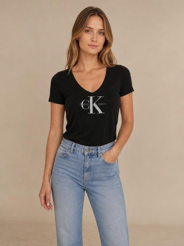Koszulka Damska Calvin Klein Czarna Dekolt V front