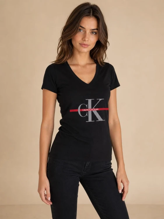 Koszulka Damska Calvin Klein Dekolt V Czarna front
